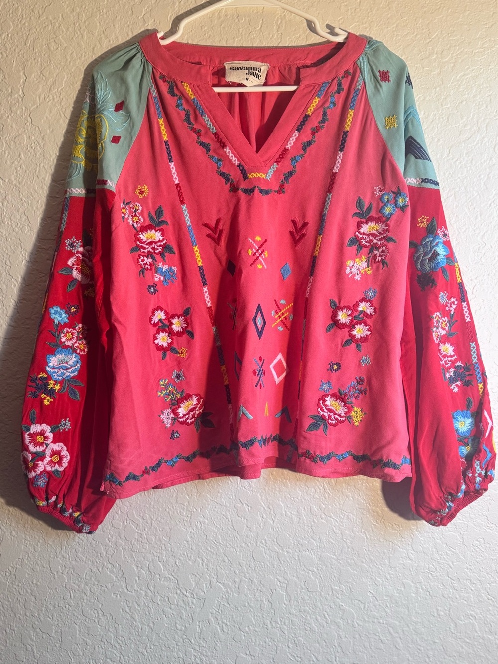Savanna Jane Pink Embroidered Boho V-Neck Tunic with Teal Accents